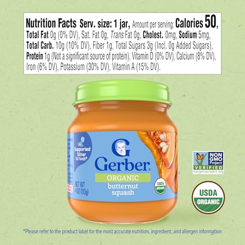 Gerber Stage 1 Baby Food, Organic Butternut Squash Jar, Baby Puree, Non-GMO, Vegetable, Puree Jars Glass, 10-pack