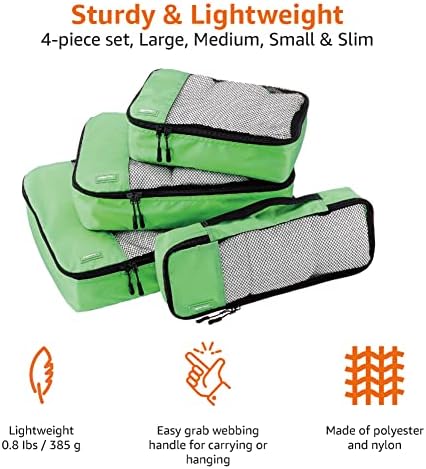 Amazon Basics Packing Cubes for Travel, Packing Organizers Set, 4-Piece-Set (Slim, Small, Medium, Large) With Double Zipper Pulls and Mesh Top Panel, 100% Durable Polyester, Green