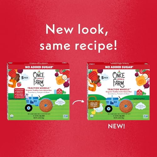Once Upon A Farm Strawberry, Pumpkin & Beet Soft Baked Bar Snack, for Toddler, Tractor Wheels, No Added Sugar, Non GMO, 3.35 Ounces (Pack Of 8)