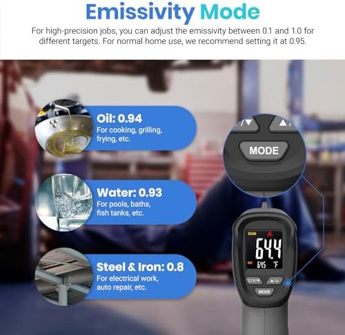 Etekcity Temperature Gun Infrared Thermometer -58ยฐF 1130ยฐF, Digital Laser Heat Gun for Pizza Ovens, Griddles, Meat, Refrigerators, Engines, HVAC, Kitchen & Pool Accessories