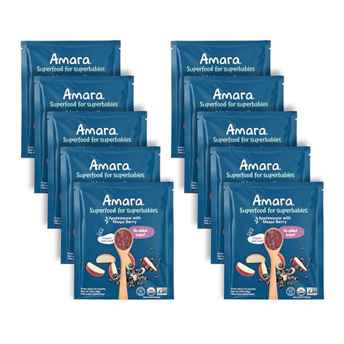 Amara Organic Baby Food - Stage 2 - Applesauce & Maqui Berry - Baby Cereal to Mix With Breastmilk, Water or Baby Formula - Shelf Stable Baby Food Pouches Made from Organic Fruit - 10 Pouches, 3.5oz Per Serving