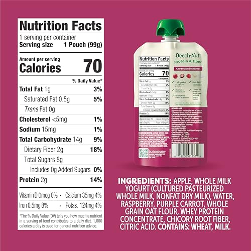 Beech-Nut Baby & Toddler Food Pouches Variety Pack, Protein & Fiber/Iron & Zinc/Prebiotic Fiber Fruit & Veggie Purees, 3.5 oz (18 Pack)