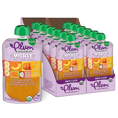 Plum Organics Mighty 4 Organic Toddler Food - Banana, Peach, Pumpkin, Carrot, Greek Yogurt, and Oat - 4 oz Pouch (Pack of 12) - Organic Fruit and Vegetable Toddler Food Pouch
