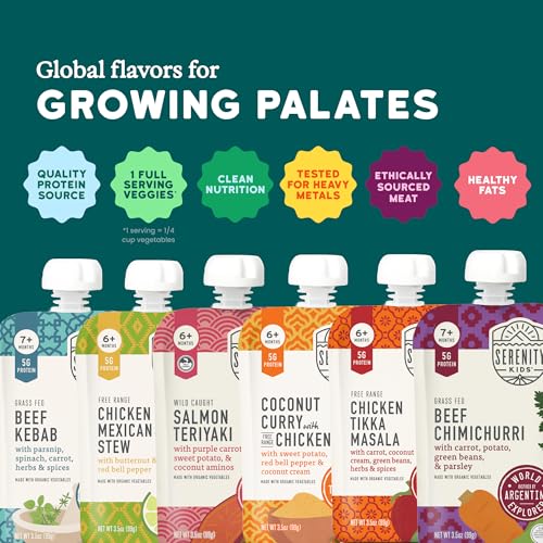 Serenity Kids 7+ Months World Explorers Baby Food Pouches - Puree With Ethically Sourced Meats & Organic Veggies - BPA-Free Organic Baby Food - 3.5 Oz, 18 Pack