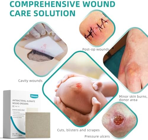 Dimora Upgrade Silver Calcium Alginate Wound Dressing -Antibacterial Non Stick Gauze for Wounds Care, Highly Absorbent Sterile Bandage Pads with Ag, 3'' x 3'' Patches 12 Packs Individual