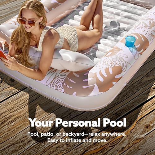 SLOOSH Inflatable Tanning Pool Lounger Float, 70" x 46" Pool Floats Adult with Pillow, 4 in 1 Suntan Tub Raft Floatie,Sunbathing Bed Lounge for Water Blow Up Kids Ball Pit Party Gifts, L-Golden White