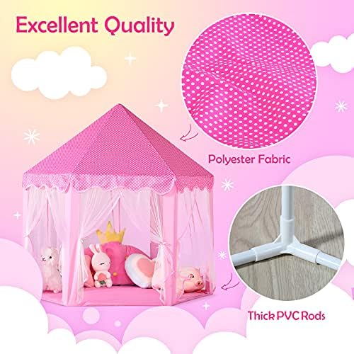 wilwolfer Princess Castle Play Tent for Girls Large Kids Play Tents Hexagon Playhouse with Star Lights Toys for Children Indoor Games (Pink)