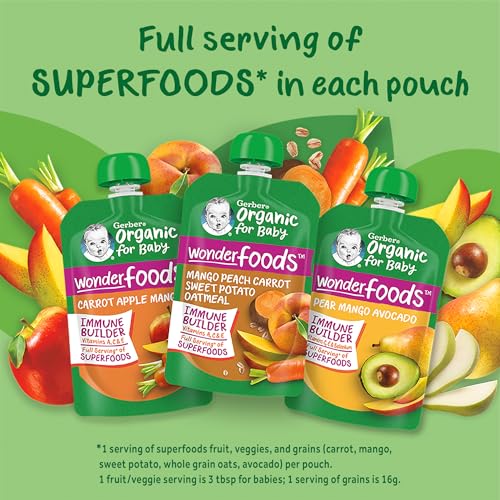 Gerber Organic For Baby 2nd Foods Pouches Immune Builder Variety Pack (3) Carrot Apple Mango (3) Mango Peach Carrot Sweet Potato Oatmeal (3) Pear Mango Avocado 1.96lb (18 Pack)