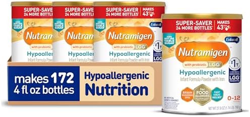 Enfamil Nutramigen Hypoallergenic Baby Formula with Iron, Lactose Free, Colic Relief from Cow's Milk Allergy Starts in 24 Hours, Brain Building DHA, Probiotic LGG for Immune Support, 27.8 Oz, 4 Count