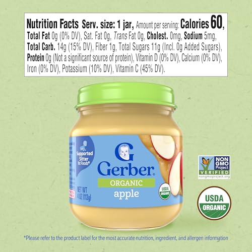 Gerber Stage 1 Baby Food, Organic Apple Jar, Fruit Puree, Vitamin C, Non-GMO, Baby Food Fruit, Puree Jars Glass, 10-pack