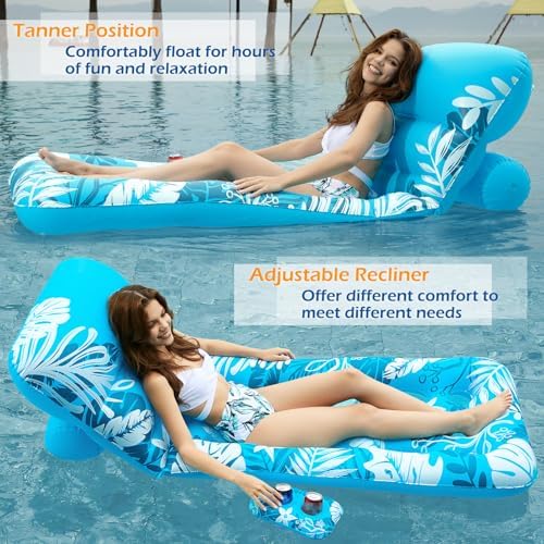 Jasonwell Inflatable Pool Float Adult - Pool Floaties Lounger Floats Floating Chair Raft with Adjustable Backrest Cup Holders Water Floaty Lake Lounge Tanning Floats Beach Party Toys for Adults (Blue)