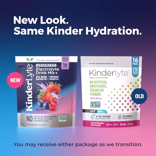 Kinderlyte Advanced Electrolyte Powder for Kids and Adults - Drink Mix Hydration Packets (Wild Berry, 16 Count), with PreMax Prebiotics, No Artificial Sweeteners or Flavors, No Synthetic Dyes