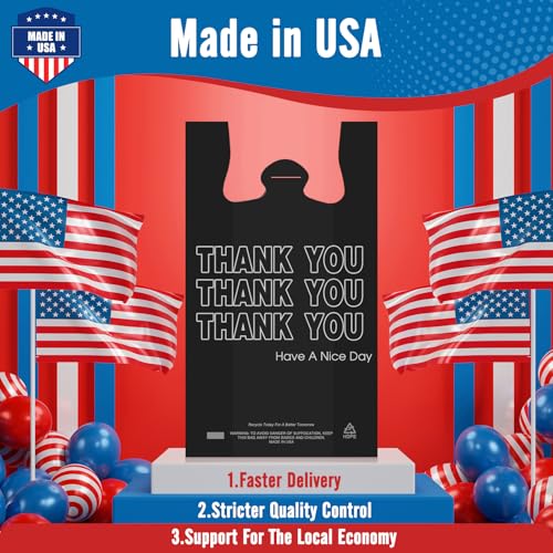 Fuxury 1000 Count Thank You Plastic Bags Black (12" x 6.5" x 21"), T-shirt, Grocery, Take Out, To Go,Restaurants, Retail Shopping Bags in Bulk for Small Business (Made in USA)