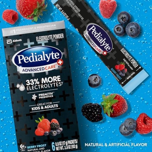 Pedialyte AdvancedCare Plus Electrolyte Powder, Has 33% More Electrolytes and PreActiv Prebiotics, Berry Frost, 100 Powder Packets