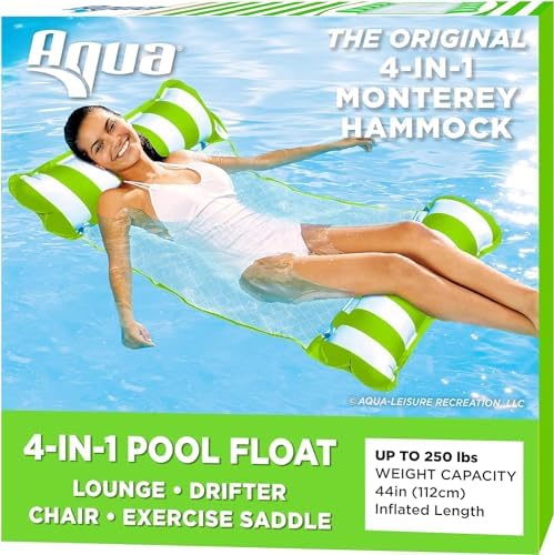 Aqua 4-in-1 Monterey Hammock Pool Float & Water Hammocks, 1-2-3-4 Multipacks – Multiple Colors/Styles – for Adults and Kids Floating