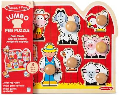 Melissa & Doug Farm Animals Jumbo Knob Wooden Puzzle Wooden Peg Chunky Baby Puzzle, Preschoool Learning, Knob Board for Toddlers Ages 1+