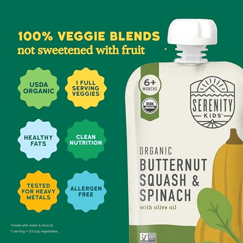 Serenity Kids 6+ Months Veggie Puree Baby Food Pouches - Butternut Squash & Spinach - USDA Organic No Added Sugar Allergen Free BPA-Free - Healthy Toddler Food - 3.5 Oz, 12 Pack