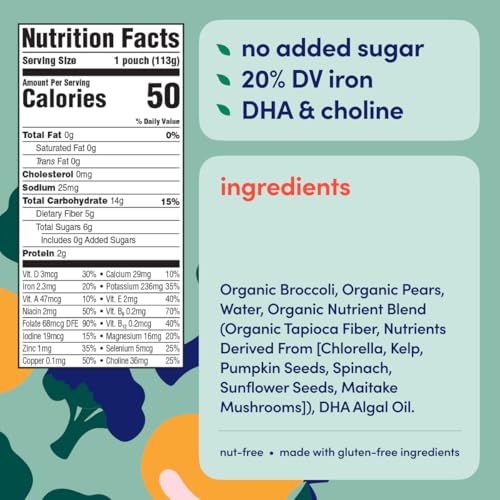 Cerebelly Baby Food Pouches – Organic Veggie Purees for Toddlers | No Added Sugar, Fiber, Non-GMO | Blended Toddler Pouches | 4 Ounce BPA-Free Pouch | Broccoli Pear | 6 Count