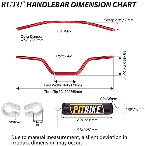 Handlebars 7/8 Inch for Motorcycle,RUTU Upgraded Universal Dirt Bike Handle Bar with Crossbar Pad Mid-Rise Mini Bike Pit Bike Handlebar for Motocross ATV Quad - Red