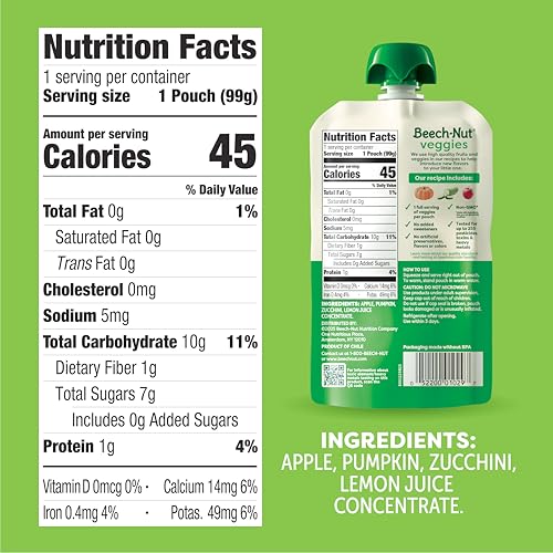 Beech-Nut Baby Food Pouches, Pumpkin Zucchini Apple Veggie Puree Baby & Toddler Food, 3.5 oz (12 Pack)