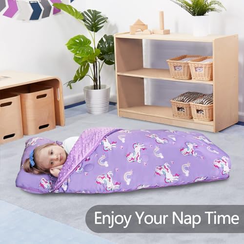 Primlect Thickened Toddler Nap Mat with Removable Pillow and Minky Blanket, Extra Large 55''x35'' Sleeping Bag, Washable, Roll up, Perfect for Daycare, Preschool, Kindergarten, Boys and Girls Unicorn