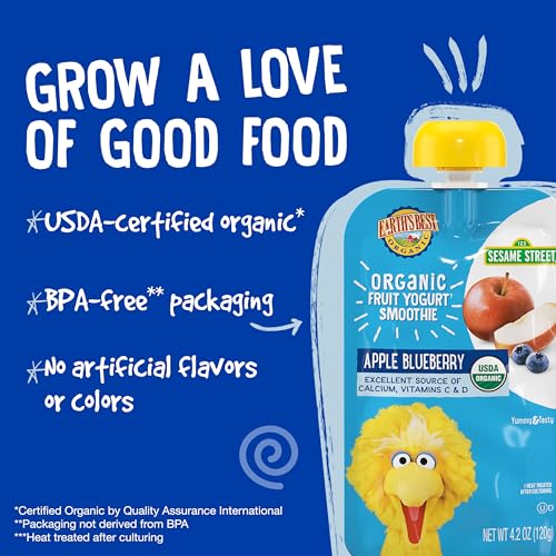 Earth's Best Organic Yogurt Smoothie Pouches, 24+ Months, Fruit Yogurt Smoothie for Toddlers 24 Months and Up, Apple Blueberry, 4.2 Ounce Resealable Pouch (Pack of 12)