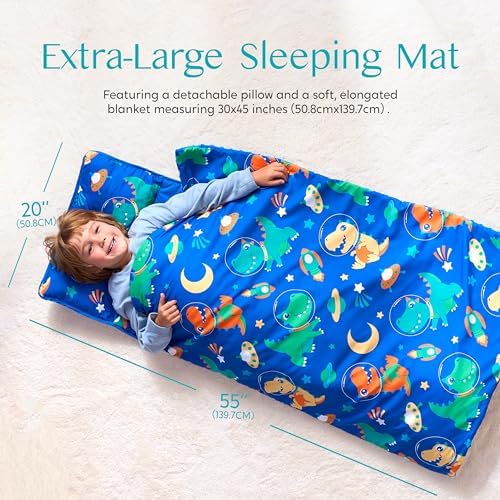 JOIEDOMI Toddler Nap Mat for Preschool 55''x30'' Sleeping Mat with Removable Pillow and Minky Blanket for Kids Ages 3-7 Roll Up Soft Kids Sleeping Bag for Boys Girls Kindergarten Daycare Sleepover
