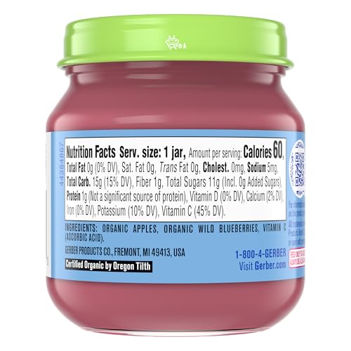 Gerber Stage 2 Baby Food, Organic Apple Wild Blueberry Jar, Fruit Puree, Vitamin C, Non-GMO, Baby Food Fruit, Puree Jars Glass, 10-pack