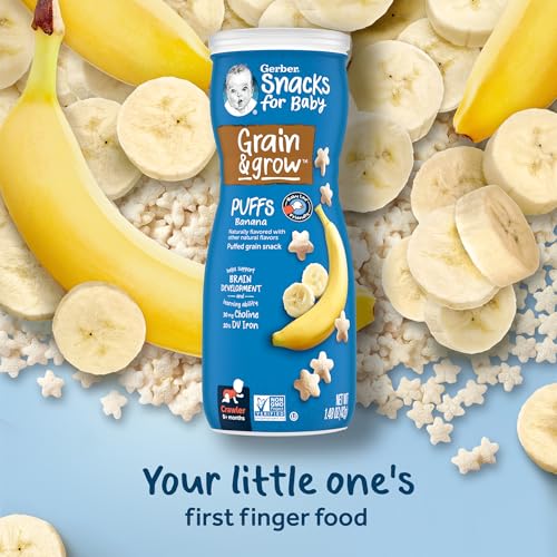 Gerber Stage 3 Baby Snacks, Banana Puffs, Puffed Grain Snack, Baby Led Feeding, Iron & Choline, Puffs Snacks for Babies, 6-Pack