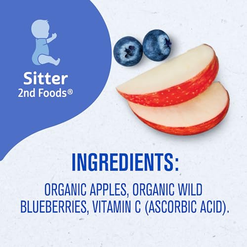 Gerber Stage 2 Baby Food, Organic Apple Wild Blueberry Jar, Fruit Puree, Vitamin C, Non-GMO, Baby Food Fruit, Puree Jars Glass, 10-pack