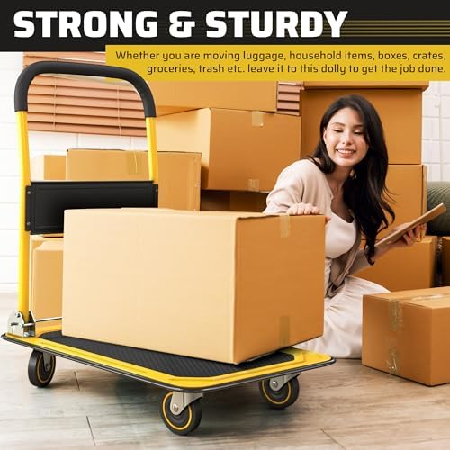 Heavy Duty Foldable Push Cart Dolly | 330 lbs. Capacity | Upgraded Collapsible Hand Truck Platform with Swivel Wheels | Flat Bed Moving Wagon | Space Saving Push Handle (Yellow)