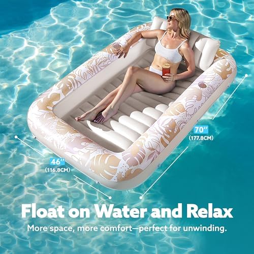 SLOOSH Inflatable Tanning Pool Lounger Float, 70" x 46" Pool Floats Adult with Pillow, 4 in 1 Suntan Tub Raft Floatie,Sunbathing Bed Lounge for Water Blow Up Kids Ball Pit Party Gifts, L-Golden White