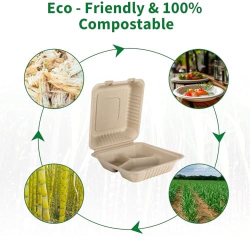 Aricsen 100 Pack 3 Compartment Compostable 8x9 Inch Takeout Lunch Box Containers with Lid To Go Take Out Clamshell for Food, Disposable Eco-Friendly Biodegradable Bagasse, PFAS-Free, Brown