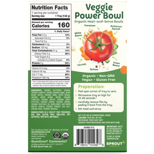 Sprout Organic Baby Food, Toddler Meals, Mediterranean Veggie Power Bowl with Beans & Quinoa, 5 Oz Bowl (8 Count)
