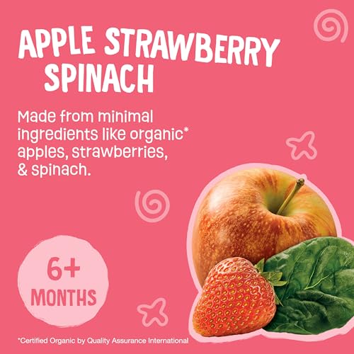 Earth's Best Organic Baby Food Pouches, 6+ Months, Fruit and Vegetable Puree for Babies 6 Months and Up, Organic Strawberry, Apple, and Spinach, 3.5 Ounce Resealable Pouch (Pack of 12)