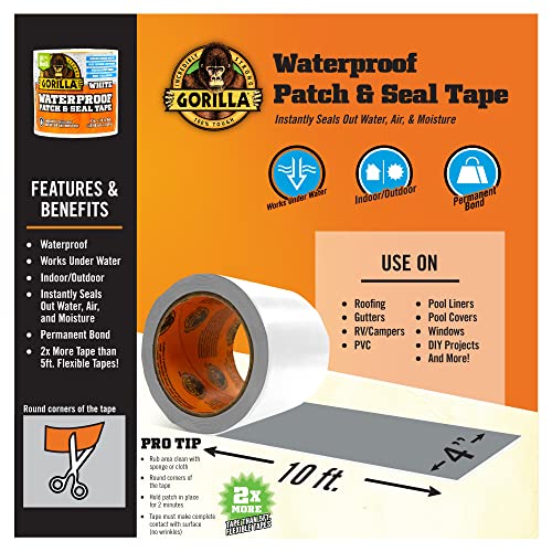 Gorilla Waterproof Patch & Seal Tape, White Tape, 4" x 10' (Pack of 2) - Permanent Weather Resistant Seal for Leaks and Repairs