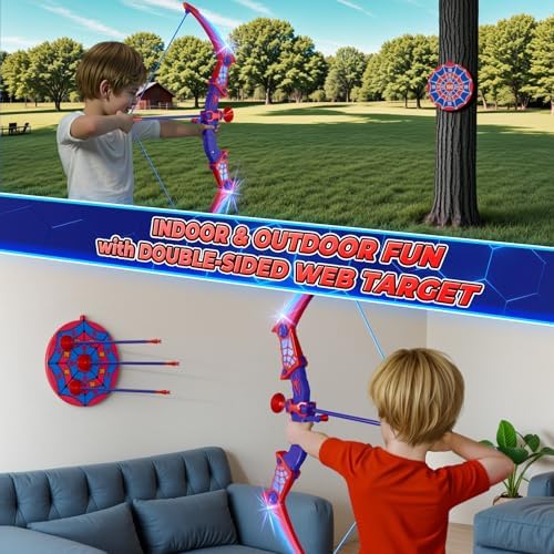 Spider Toys for Boys Age 3-4 4-6 6-8 8-12, Kids Toy BowArrow Shooting Set with Red & Blue LED Lights, Spider Quiver & Web Target, 8 Suction Cup Arrows, Toys Gifts for 3 4 5 6 7 8 9 10 12 Year Old Boys