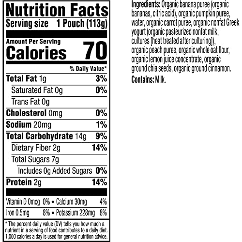 Plum Organics Mighty 4 Organic Toddler Food - Banana, Peach, Pumpkin, Carrot, Greek Yogurt, and Oat - 4 oz Pouch (Pack of 12) - Organic Fruit and Vegetable Toddler Food Pouch