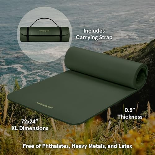 Retrospec Solana Yoga Mat 1/2" Thick w/Nylon Strap for Men & Women - Non Slip Exercise Mat for Yoga, Pilates, Stretching, Floor & Fitness Workouts