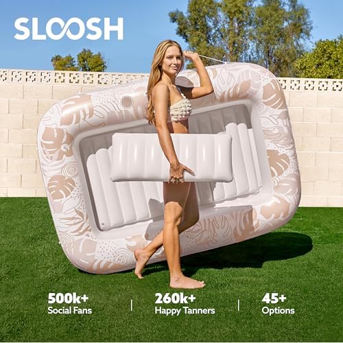 SLOOSH Inflatable Tanning Pool Lounger Float, 70" x 46" Pool Floats Adult with Pillow, 4 in 1 Suntan Tub Raft Floatie,Sunbathing Bed Lounge for Water Blow Up Kids Ball Pit Party Gifts, L-Golden White