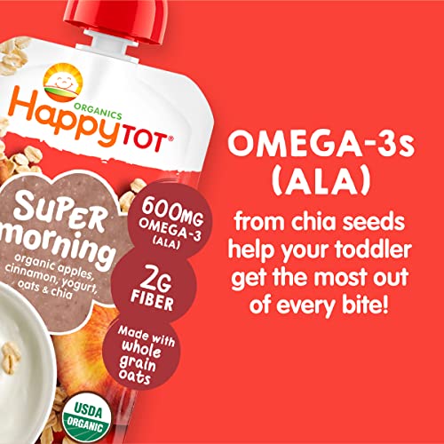 Happy Baby Organics Clearly Crafted Stage 2 Baby Food, Bananas, Raspberries & Oats (Pack of 16) & Happy Tot Organics Super Morning Stage 4, Apple Cinnamon, Yogurt, Oats Pack of 8)