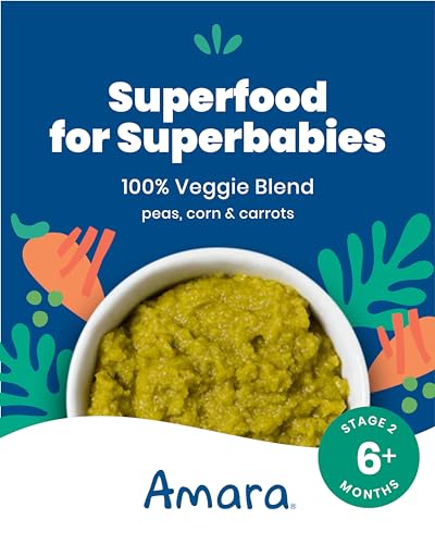 Amara Organic Baby Food - Stage 2 - Peas, Corn & Carrots - Baby Cereal to Mix With Breastmilk, Water or Baby Formula - Shelf Stable Baby Food Pouches Made from 100% Organic Veggies - 10 Pouches, 3.5oz Per Serving