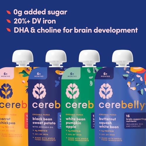 Cerebelly Organic Baby Food Pouches – Organic Veggie and Bean Purees for Toddlers Variety Pack| No Added Sugar, Fiber, Non-GMO | Blended Puree Pouches | 4 Ounce BPA-Free Baby Food | 4 Flavors | 8 Pack