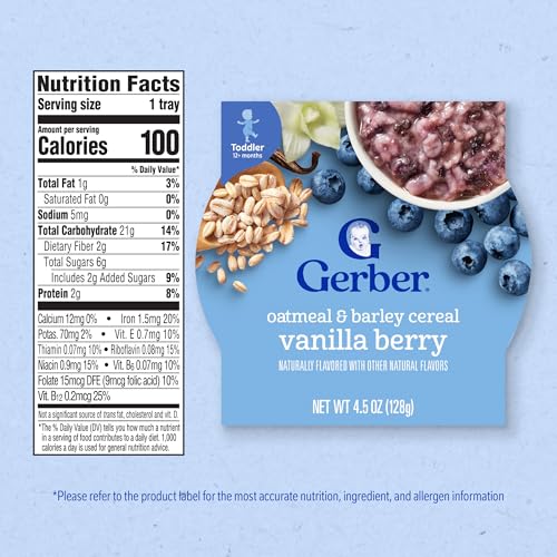 Gerber Toddler Food, Baby Food, Breakfast Oatmeal with Barley, Vanila Berry Flavor, Cereal, Iron Helps Support Brain Development, 8 Pack