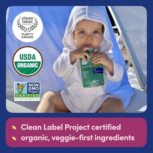 Cerebelly Organic Baby Food Pouches – Organic Veggie and Bean Purees for Toddlers Variety Pack| No Added Sugar, Fiber, Non-GMO | Blended Puree Pouches | 4 Ounce BPA-Free Baby Food | 4 Flavors | 8 Pack