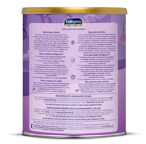 Enfagrow PREMIUM Gentlease Toddler Nutritional Drink, Made with Real Milk, Designed to Ease Fussiness, Gas & Crying, Brain-Building Omega-3, Nutrients for Growth & Immune Support, Powder Can, 29.1 Oz