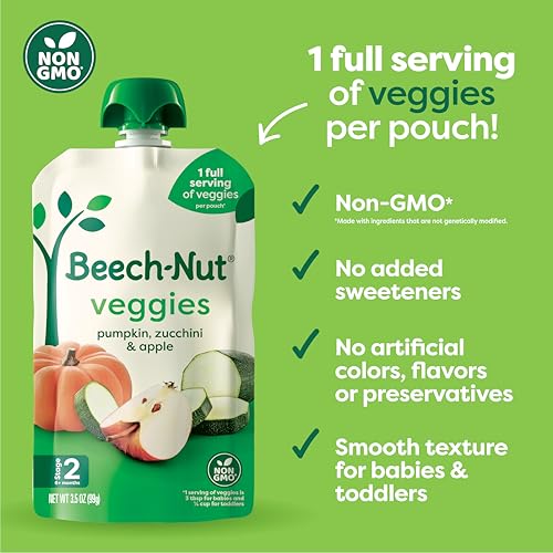 Beech-Nut Baby Food Pouches, Pumpkin Zucchini Apple Veggie Puree Baby & Toddler Food, 3.5 oz (12 Pack)