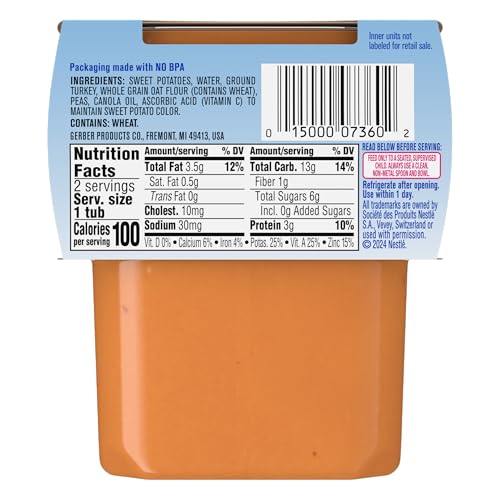 Gerber Stage 2 Baby Food, Sweet Potato Turkey with Oats Puree Tub, Nourishing Blends, No Added Colors or Flavors, Baby Puree, 16-Pack