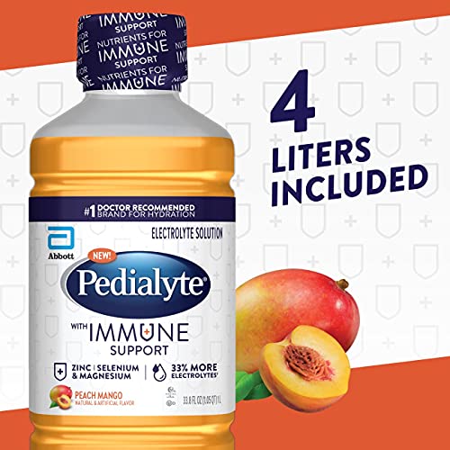 Pedialyte with Immune Support, Peach Mango, 4 Count, Electrolyte Hydration Drink, with Zinc, Selenium, and Magnesium, 1 Liter (Pack of 2)