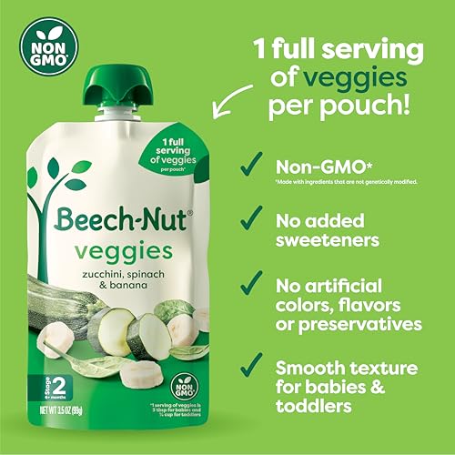 Beech-Nut Baby Food Pouches, Zucchini Spinach & Banana Veggie Puree Baby & Toddler Food, 3.5 oz (12 Pack)